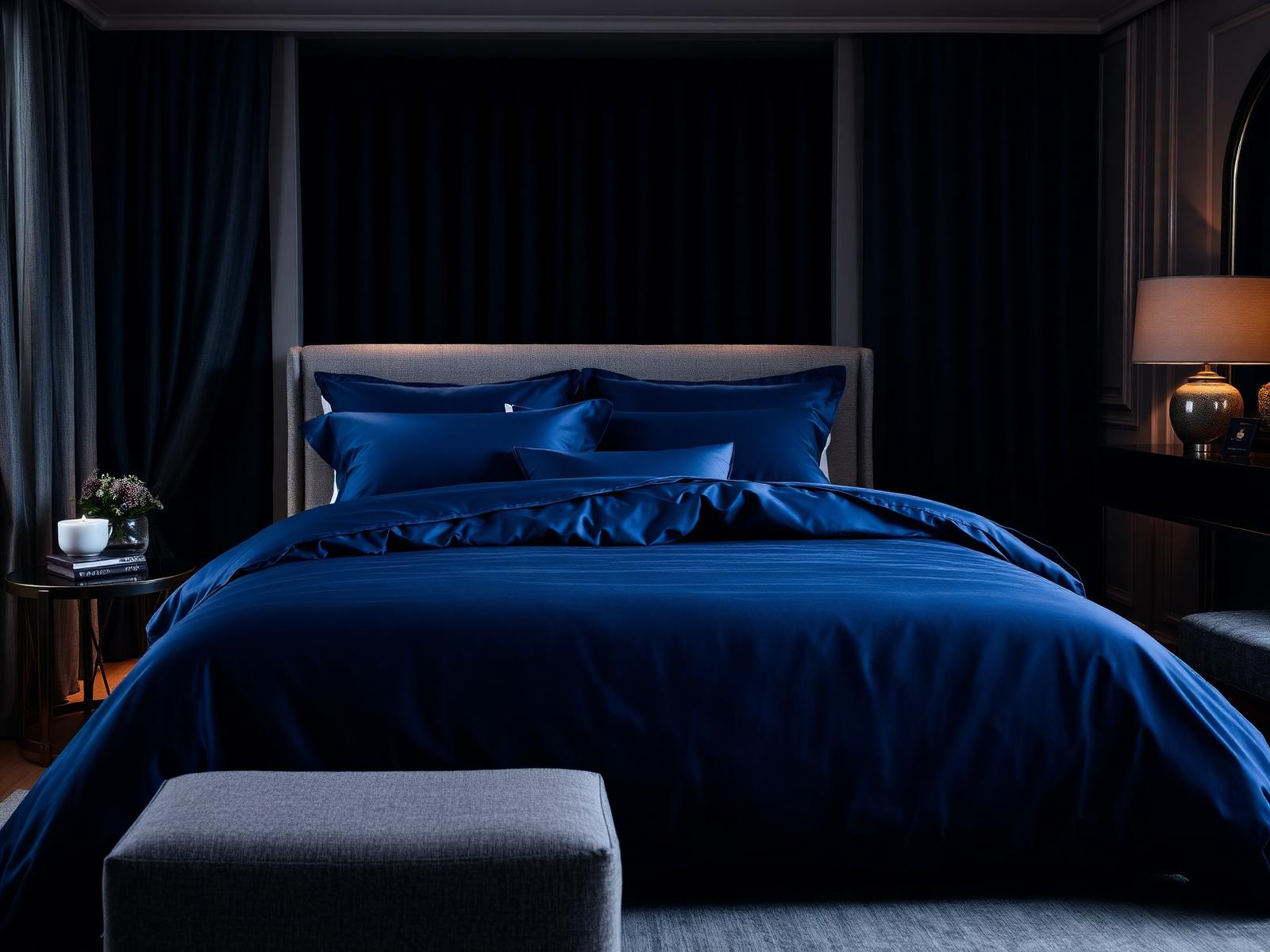 Luxury navy blue duvet cover set on a bed