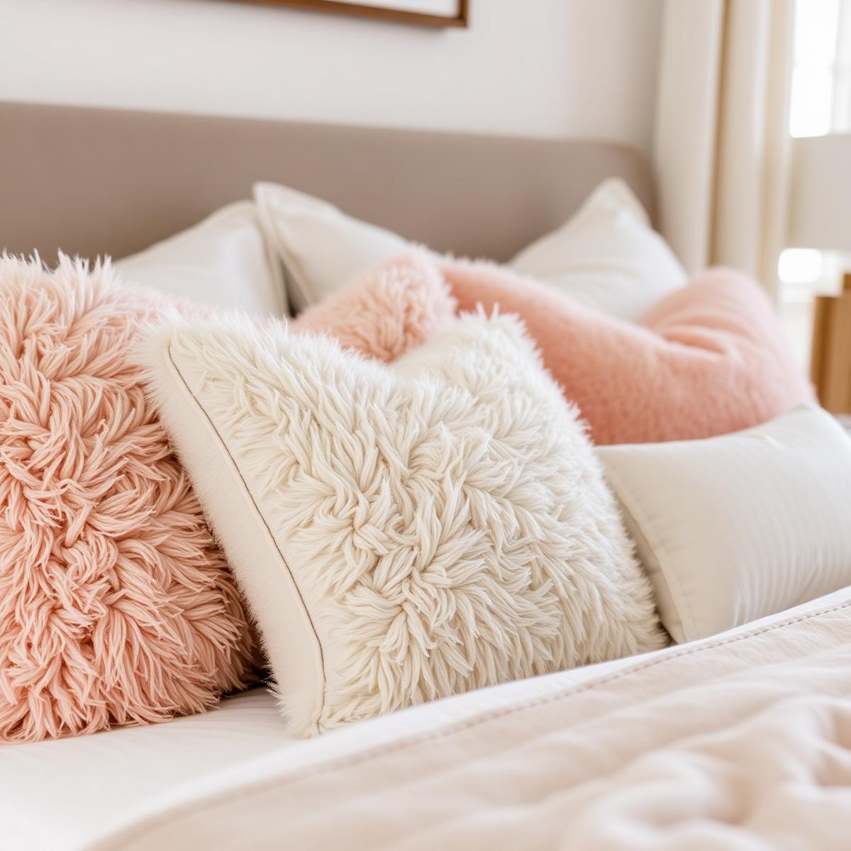 Fluffy decorative pillows in cream and blush